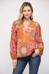 Patchwork Lurex Chiffon Split Neck Blouse Orange Multi