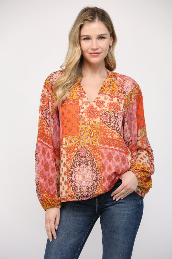 Patchwork Lurex Chiffon Split Neck Blouse