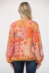 Patchwork Lurex Chiffon Split Neck Blouse Orange Multi