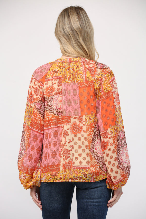 Patchwork Lurex Chiffon Split Neck Blouse