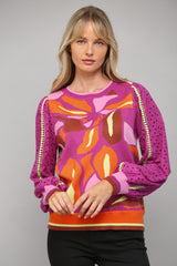 Contrast Lace Sleeve Jacquard Sweater Top Orchid Multi