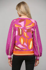 Contrast Lace Sleeve Jacquard Sweater Top Orchid Multi