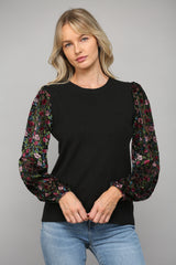 Contrast Floral Burnout Velvet Sleeve Sweater Top Black