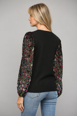 Contrast Floral Burnout Velvet Sleeve Sweater Top Black