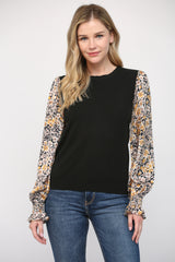 Contrast Print Woven Sleeve Crew Neck Sweater Black