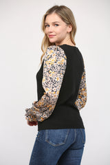 Contrast Print Woven Sleeve Crew Neck Sweater Black