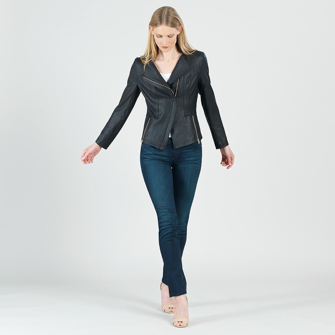 Classic Leather Knit Moto Jacket Black
