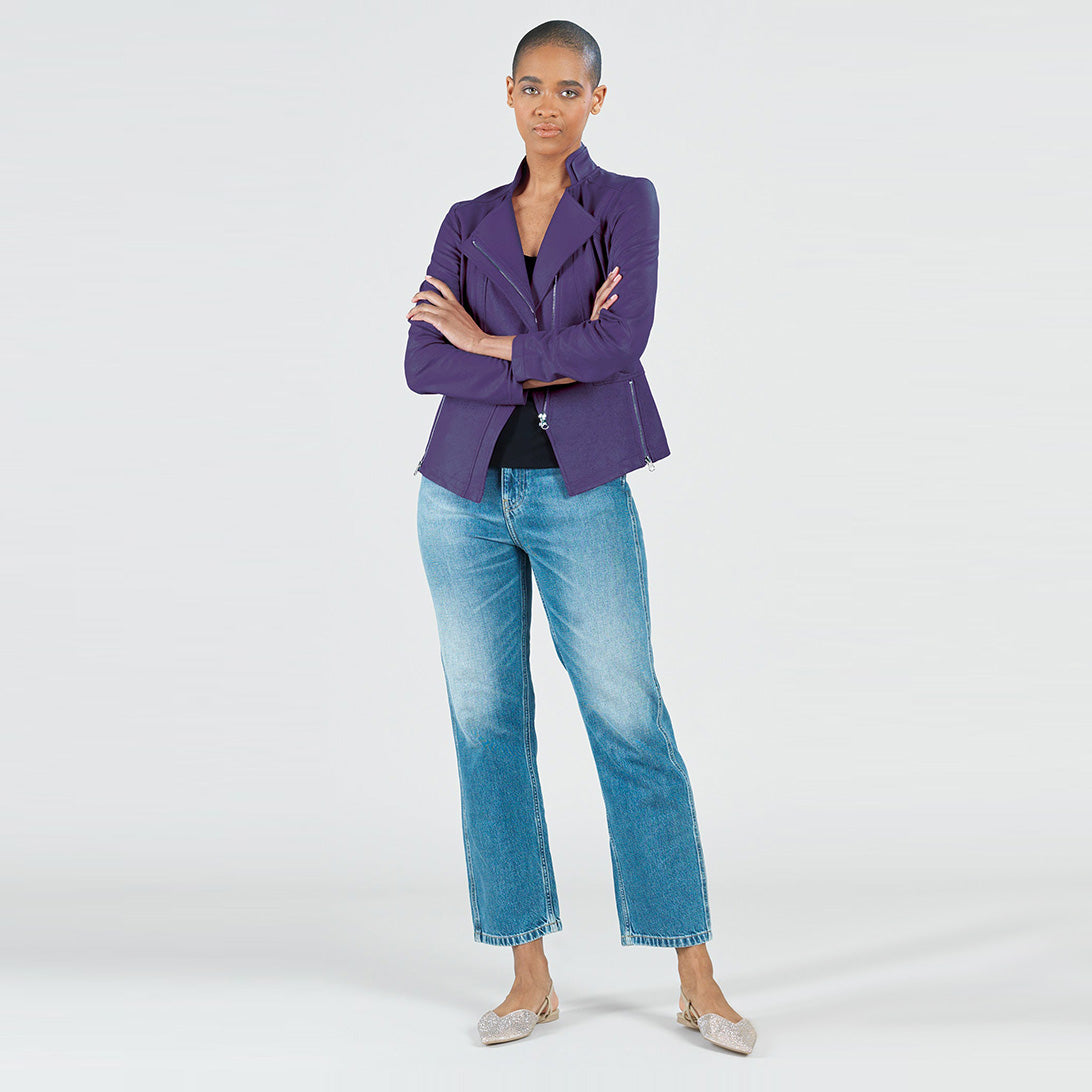 Classic Leather Knit Moto Jacket Eggplant