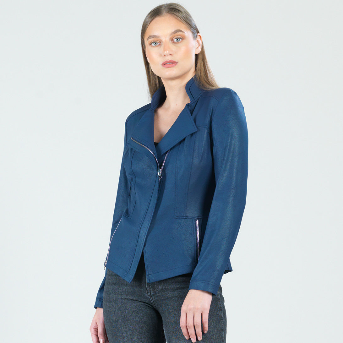 Classic Leather Knit Moto Jacket Navy