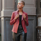 Classic Leather Knit Moto Jacket Ruby