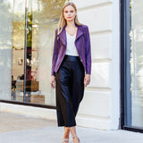 Classic Leather Knit Moto Jacket Eggplant