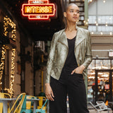 Liquid Leather Textured Biker Jacket Olive Crocodile