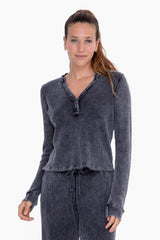 Mineral Washed Long Slv Top Black