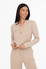 Mineral Washed Long Slv Top Taupe