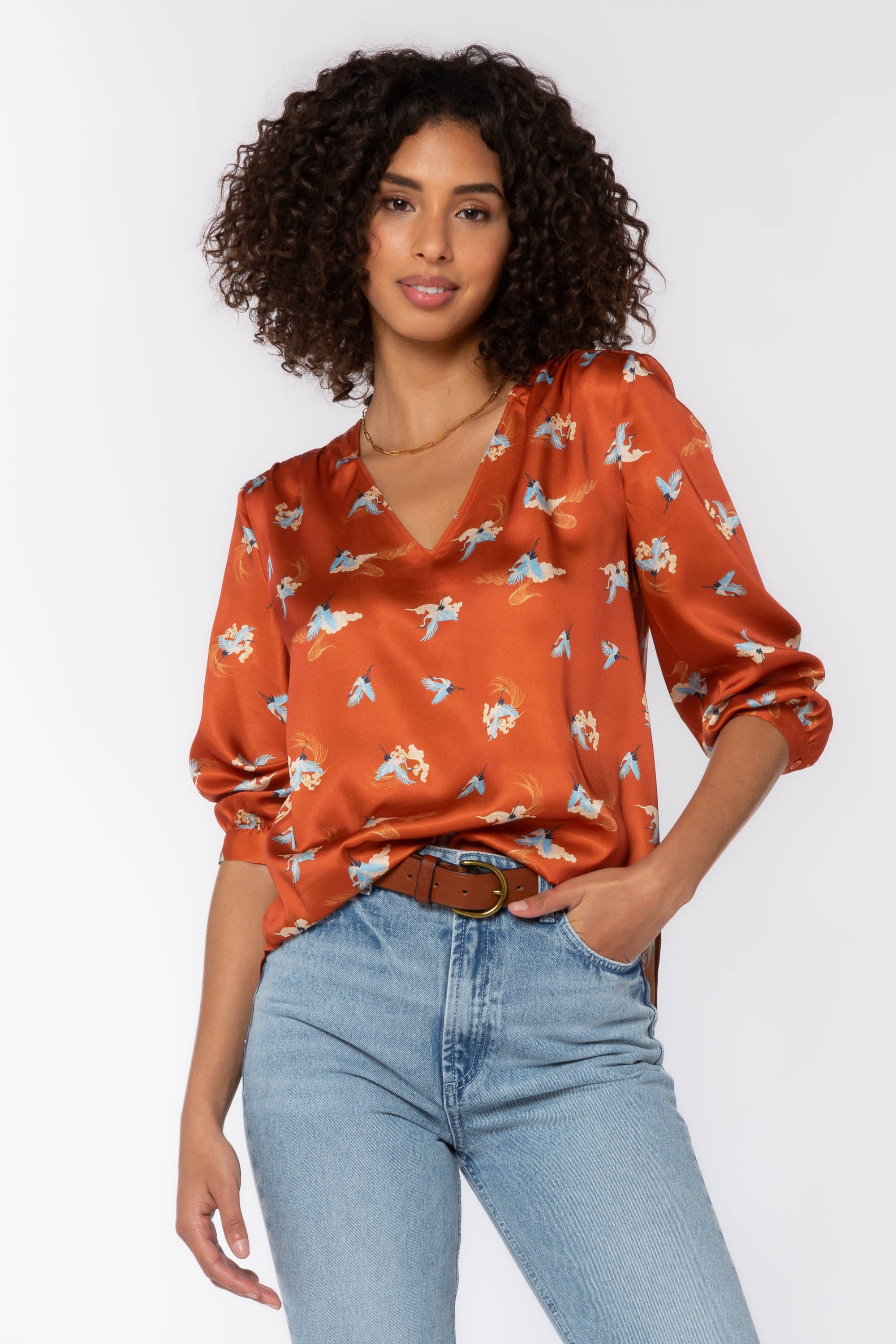 Robyn Satin Print 3/4 Sleeve Shirt Rust Blue Cranes