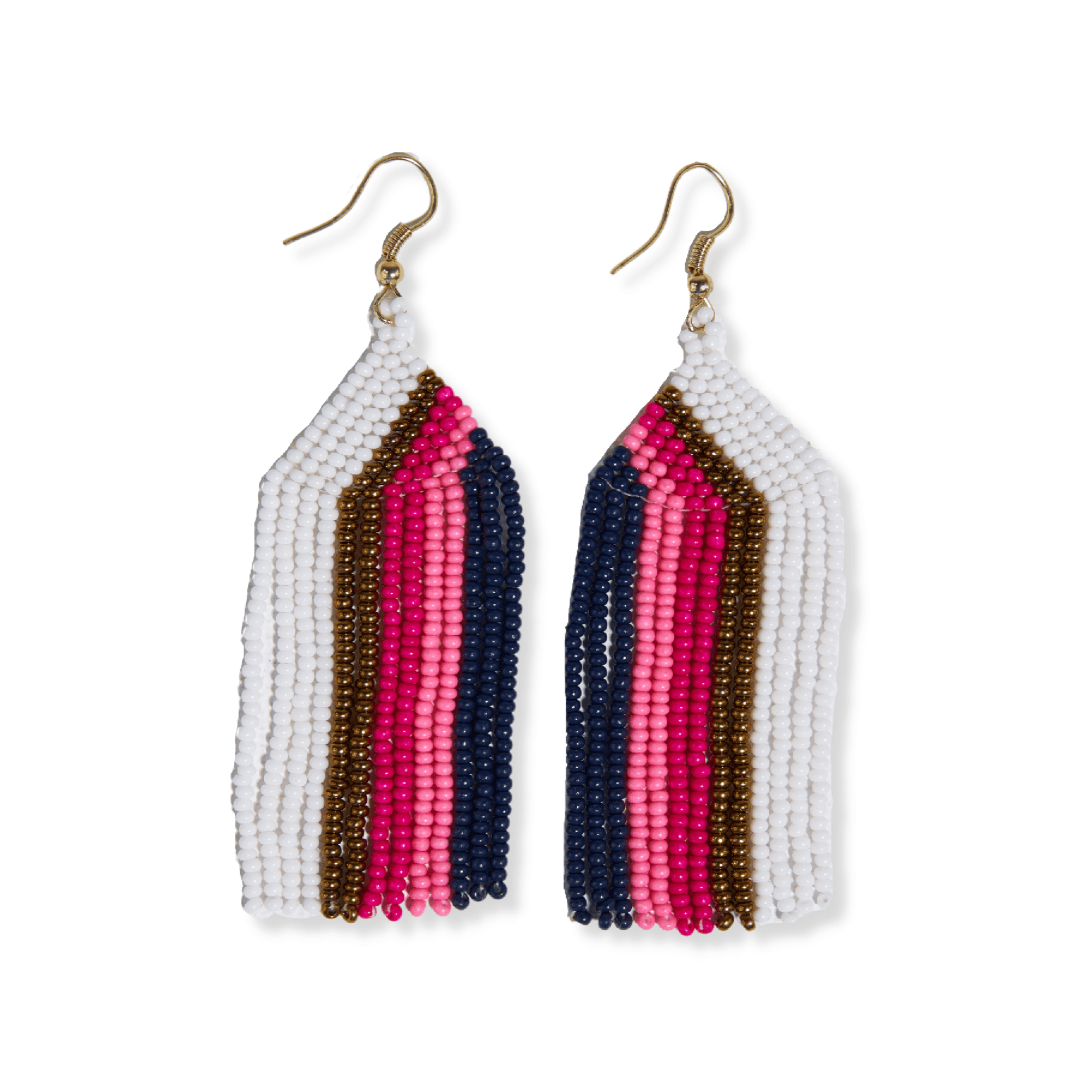 Dolly Vertical Stripe Fringe Beaded Earrings Pink + Navy