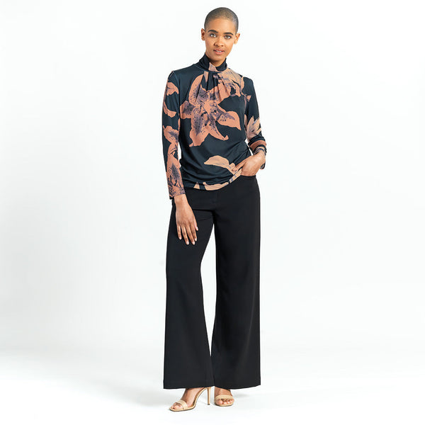 Lily Print Mock Neck Long Sleeve Top Coffee