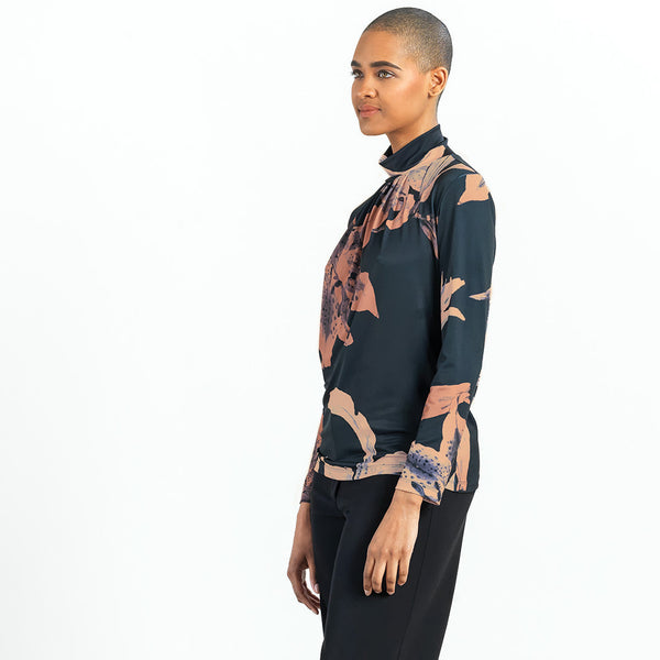 Lily Print Mock Neck Long Sleeve Top Coffee