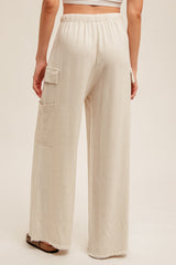 Cargo Pocket Side Fringe Hem Linen Pants Ecru