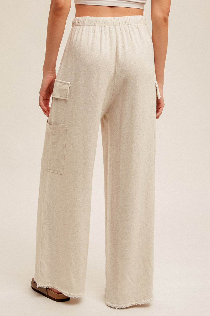 Cargo Pocket Side Fringe Hem Linen Pants