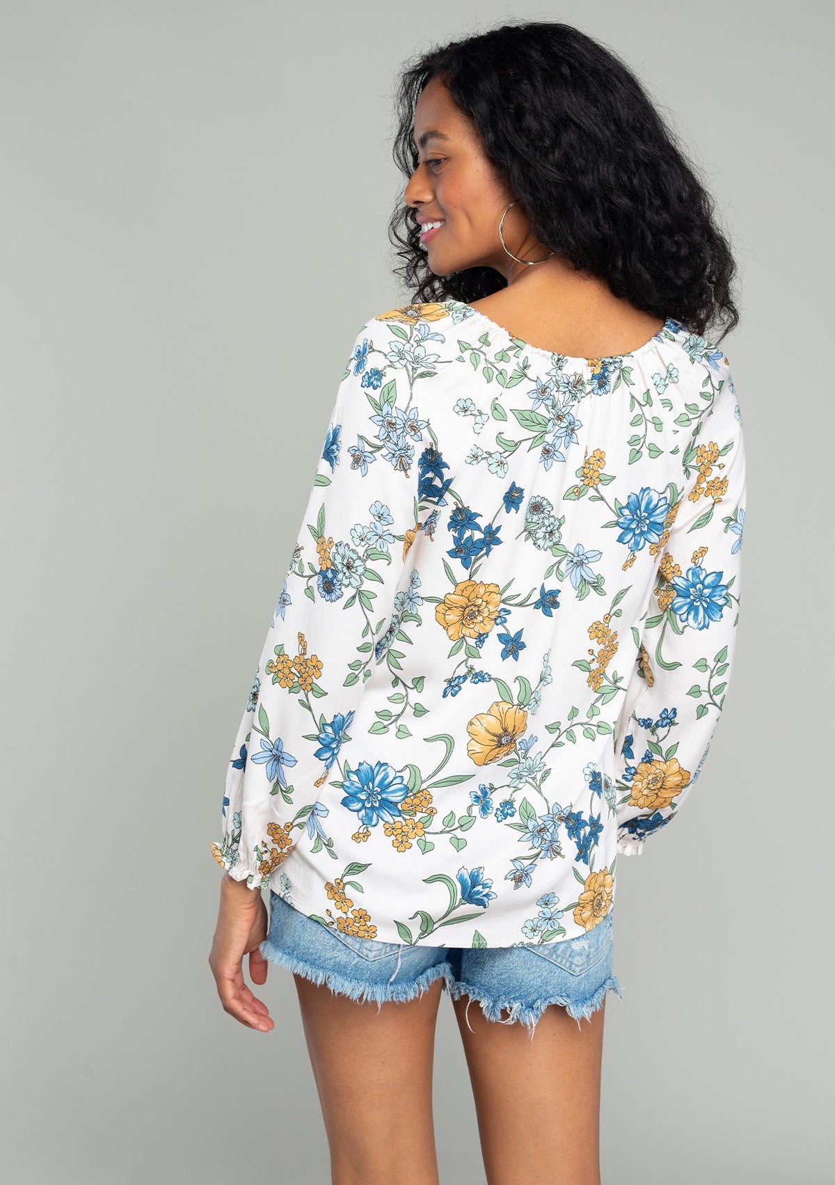 Floral Long Sleeve Tied Deep V Neck Blouse Natural + Mustard