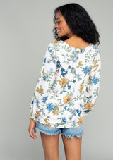 Floral Long Sleeve Tied Deep V Neck Blouse Natural + Mustard