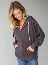 Patchwork Peace Zip Up Hoodie Charcoal