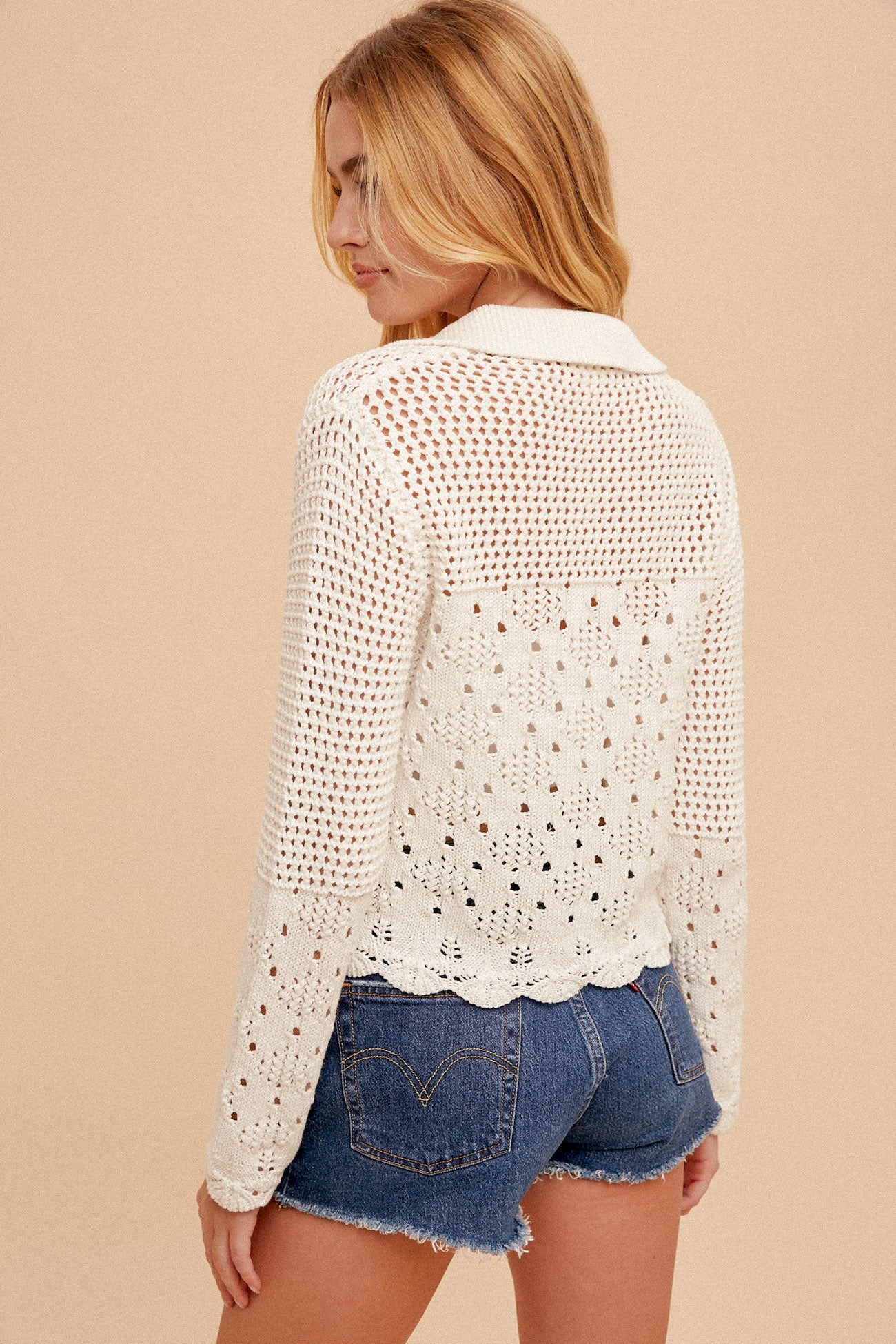 Scallop Hem Pointelle Knit Sweater Ecru