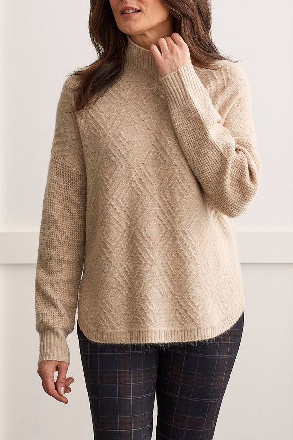 Diamond Contrast Knit Sleeve Sweater Oatmeal