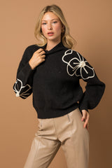 Flower Embroidery Mock Neck Sweater Black+ Ivory