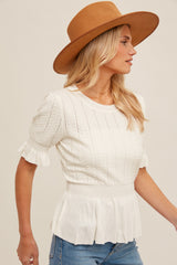 Flounce Sleeve Peplum Knit Top Ecru