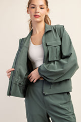 Crinkle Woven Oversize Flap Pocket Jacket Sage Leaf