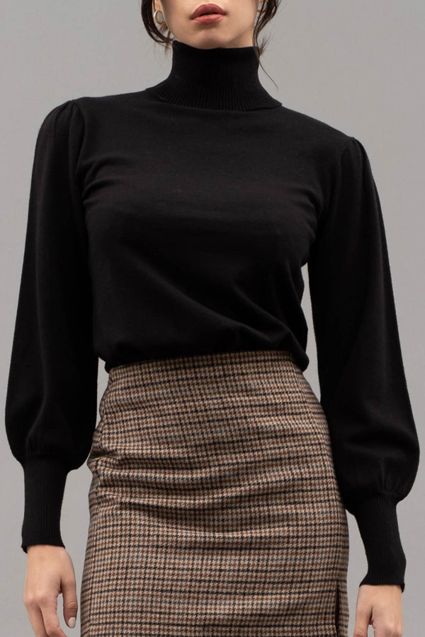 Solid High Neck Long Sleeve Knit Top Black