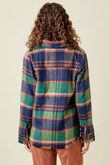 Frayed Hem Plaid Button Down Jacket Green Mix