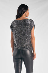 Sequin Wide Neck Off Shoulder Top Silver