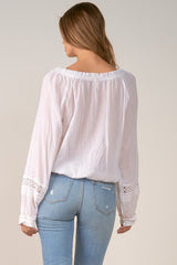 Crochet Piping Tied Vneck Long Sleeve Blouse White