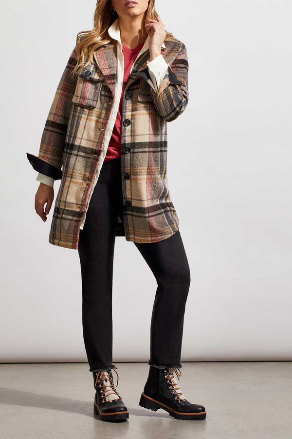 Notch Collar Plaid Long Shacket Teakwood