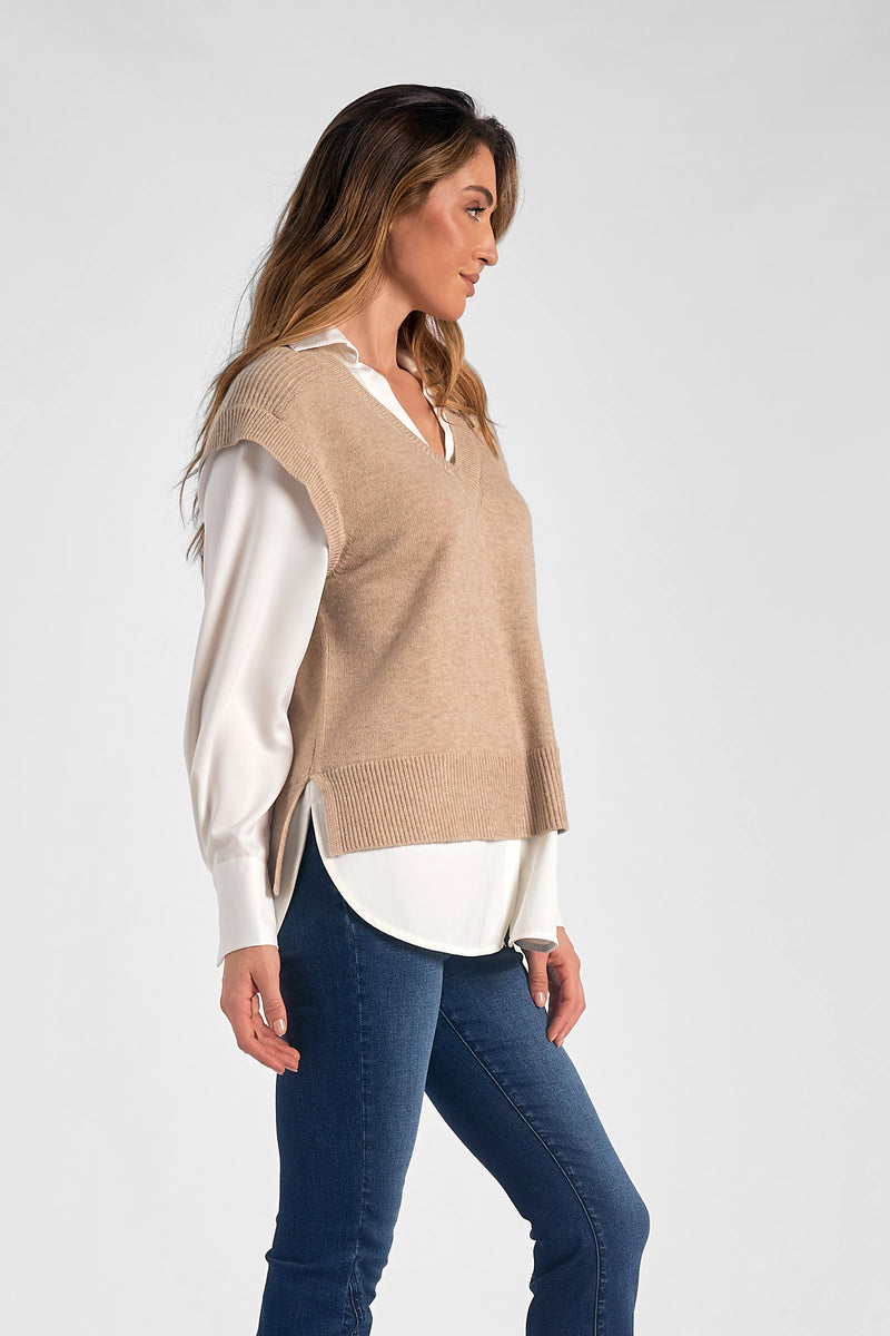 Solid Under Shirt Sweater Vest Top Taupe + White