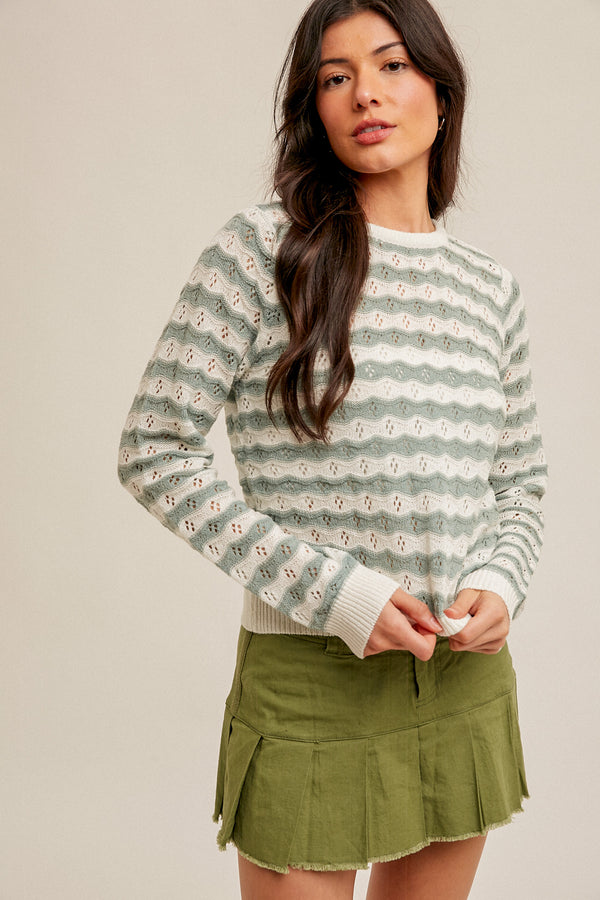 Laced Back Striped Pointelle Sweater Top Seafoam