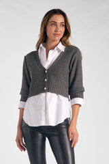 Vintage Button Half Sleeve Layered Sweater Top Gunmetal Grey