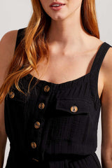 Button Front Tied Belt Jumpsuit Black