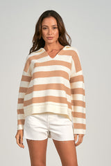 Stripe Collared Sweater Natural + Taupe