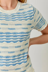Scallop Ribbed Short Sleeve Sweater Ivory + Blue