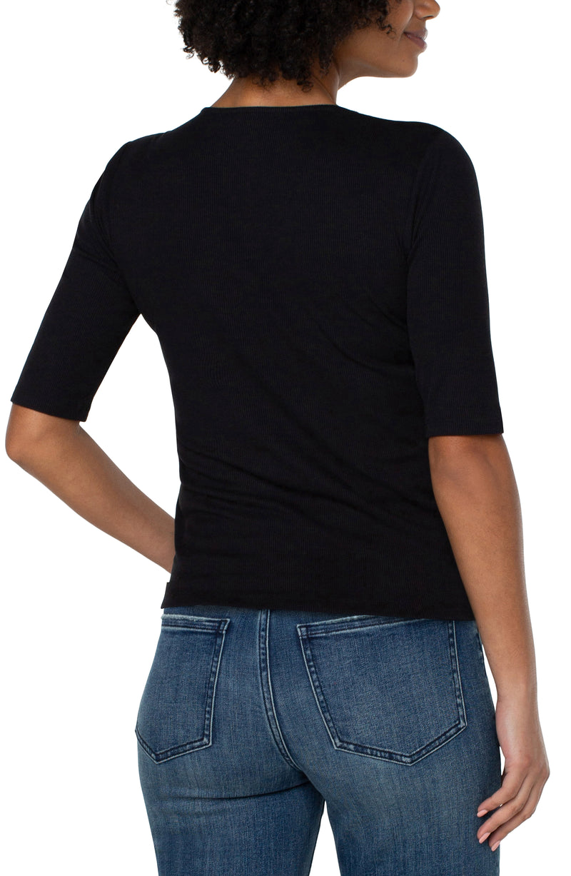 Double Layer 1/2 Sleeve Rib V Neck Top Black