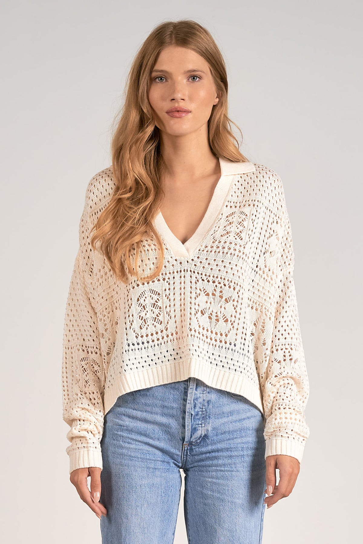 Crochet Patches V Neck Sweater Off White