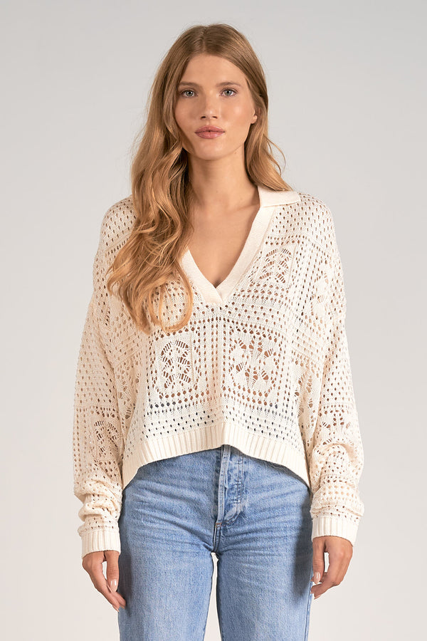 Crochet Patches V Neck Sweater