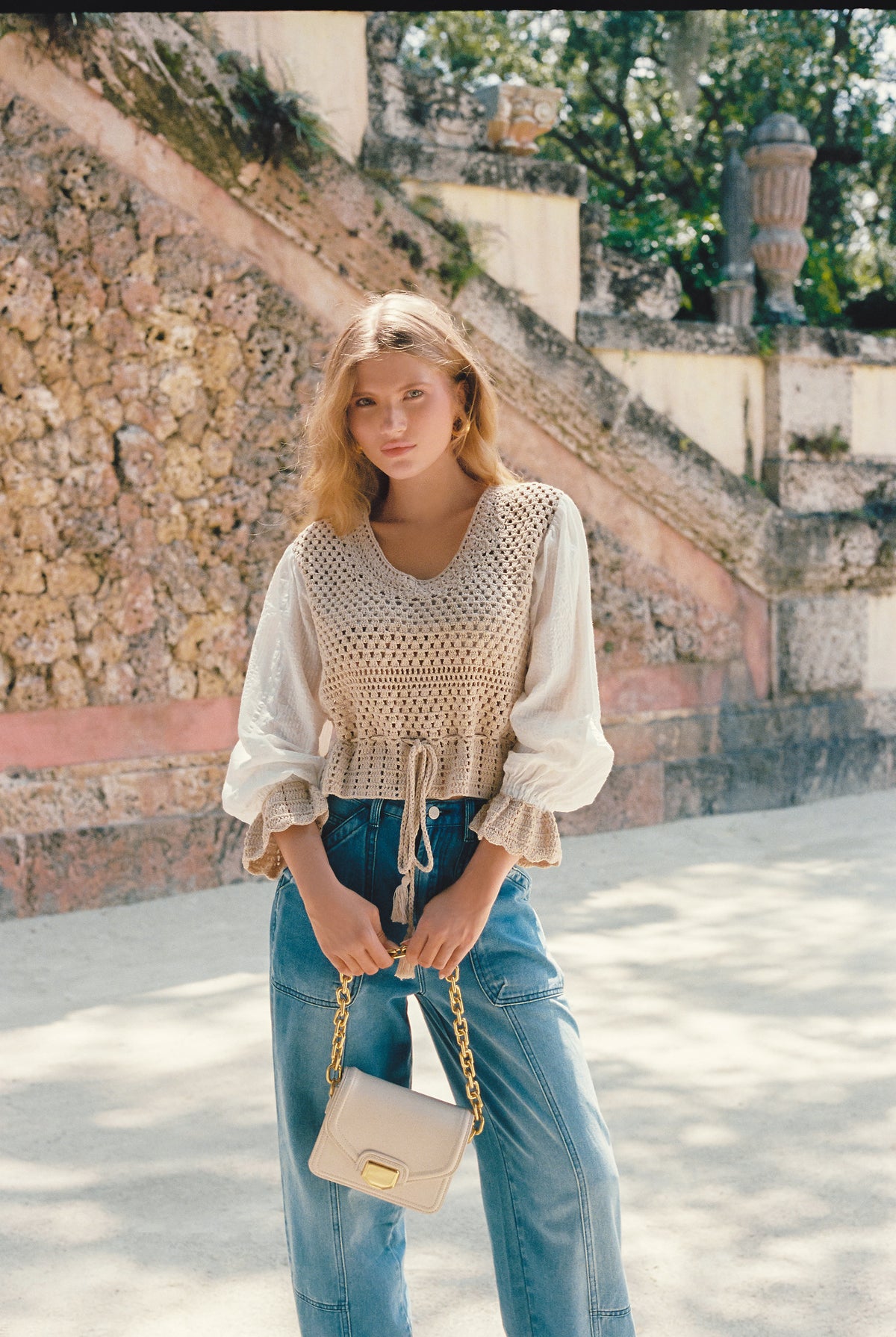 Tied Sweater Crochet Gauze Combo Top White