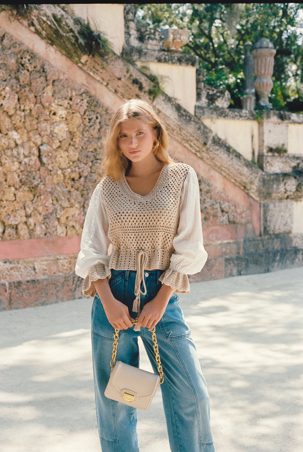 Tied Sweater Crochet Gauze Combo Top White