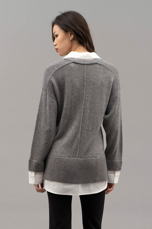 Layered Vneck Long Sleeve Sweater Grey