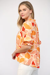 Abstract Pleated Pintuck Detail Blouse Orange